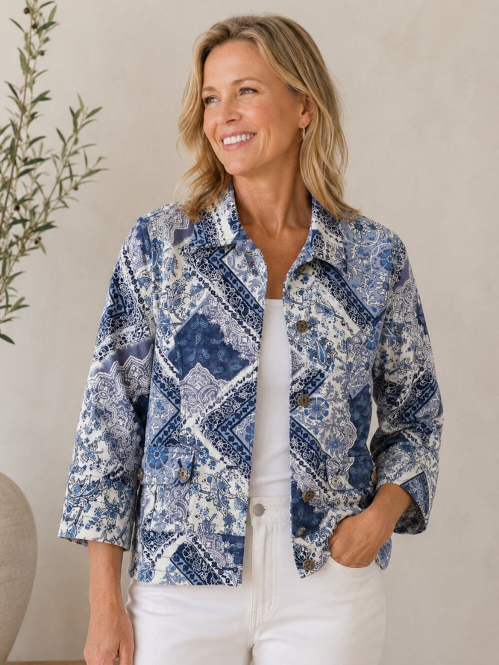 Coldwater Creek Blue Indigo White Paisley Patchwork Jacket | 100% Cotton | Size